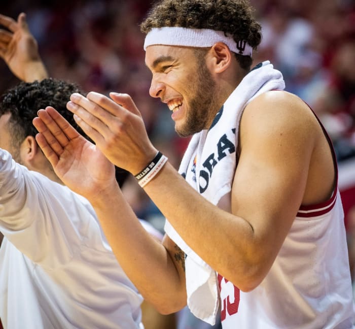 Indiana's Race Thonpson (25) celebrates during the second half during the Indiana versus Jackson State men's basketball game at Simon Skjodt Assembly Hall on Friday, Nov. 25, 2022.